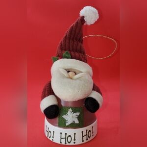 Santa Ceramic Bell Ornament with Fabric Embellishments 6"